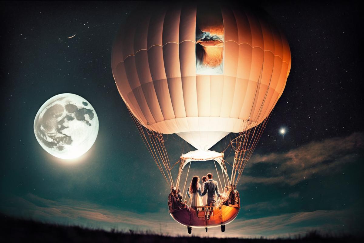 Astronauts in hot air balloon, romantic photo