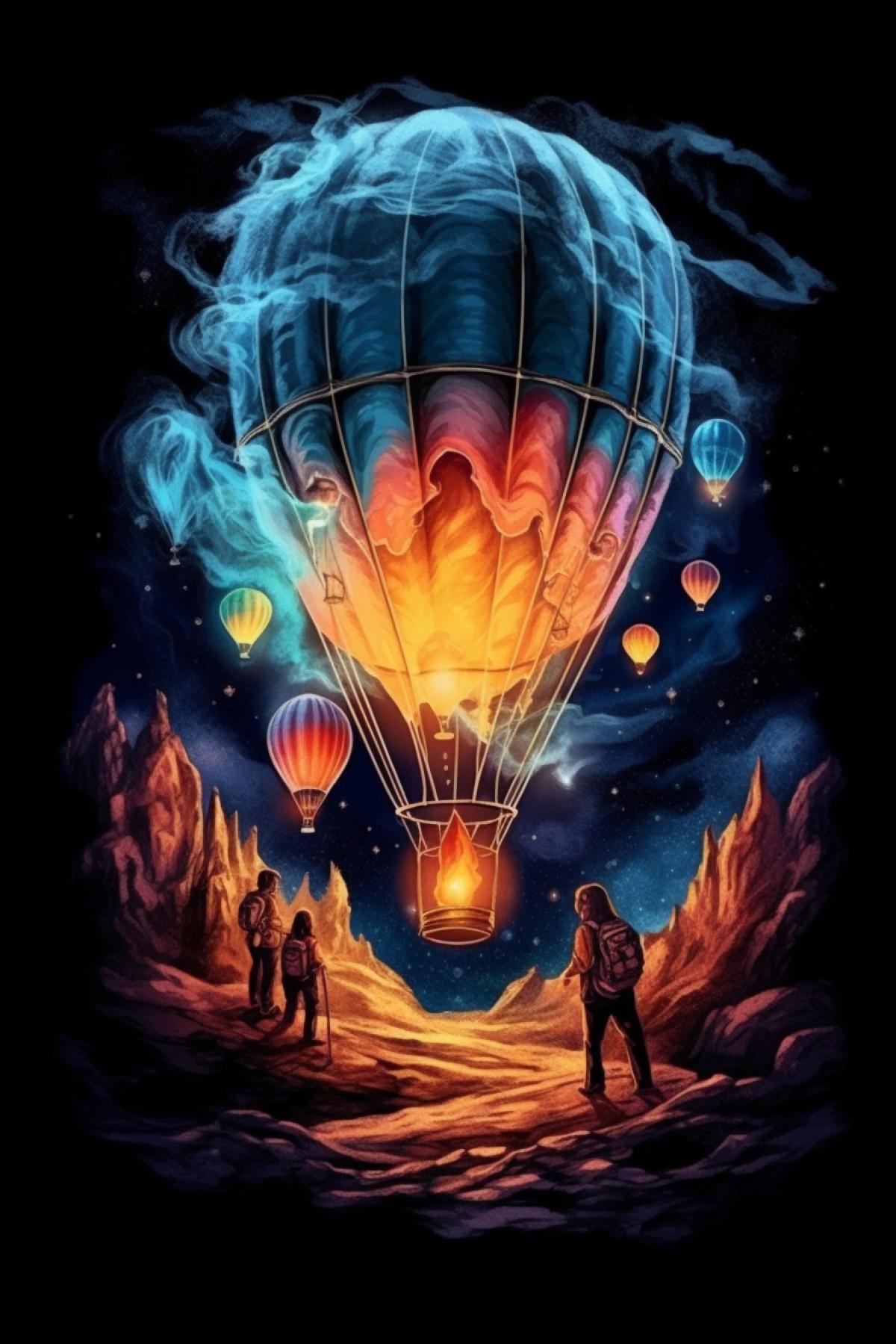 Enchanting space, astronauts fly in a hot air balloon in space, naturalistic space