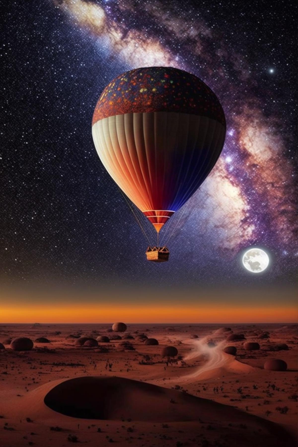 Hot air balloon flies in space, milky way, planets, stars