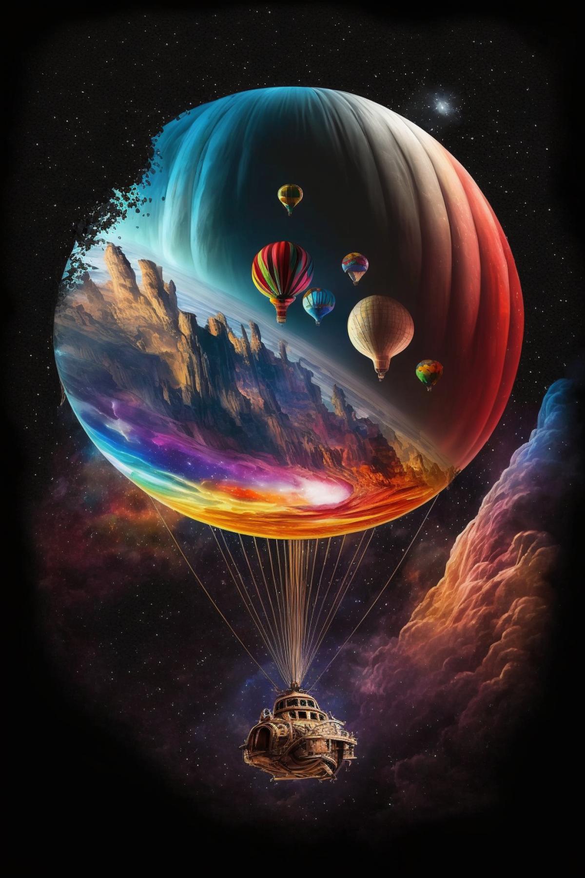Hot air balloon flies in space, milky way, planets, stars