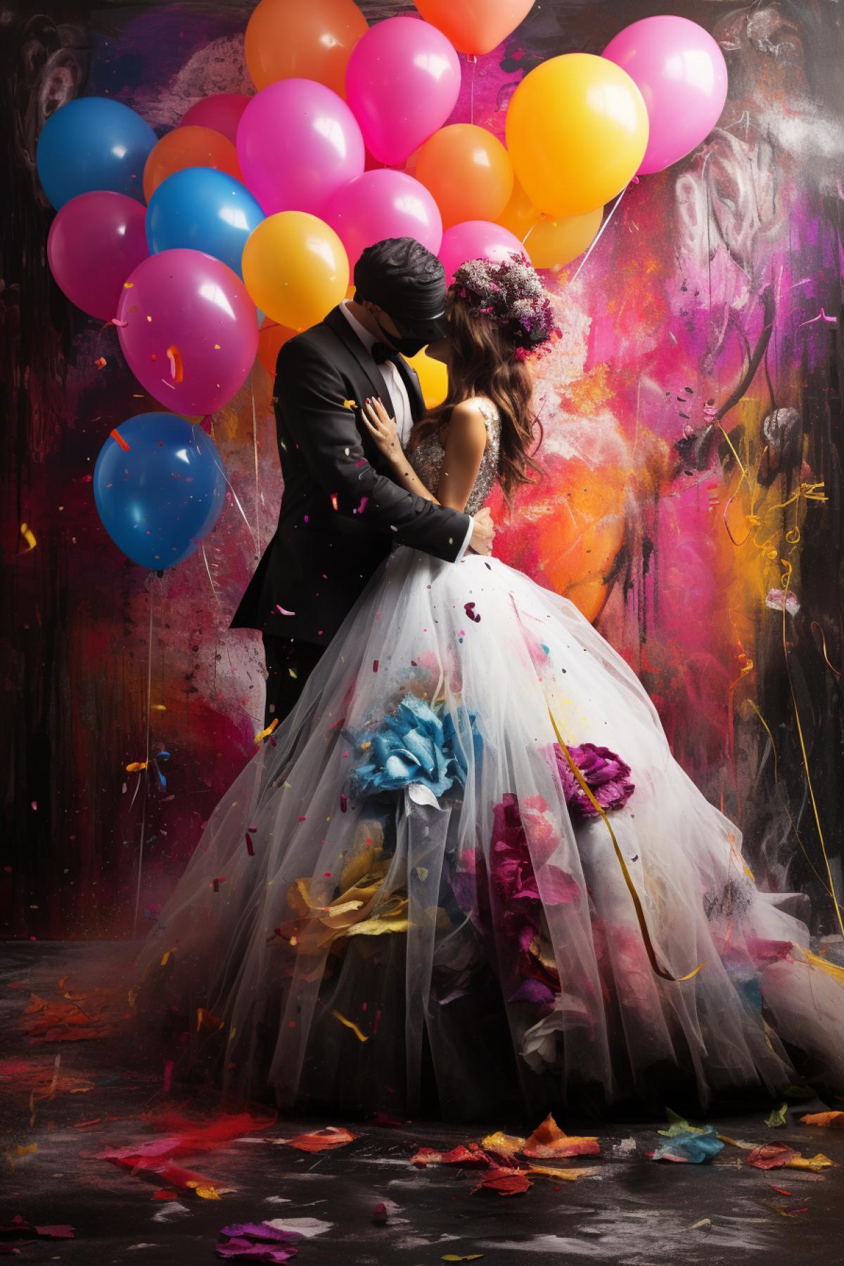 A couple in love surrounded by exploding paint balloons. Colored splashes from them fly in all directions and on lovers, a fancy-dress masquerade ball, a fabulous atmosphere