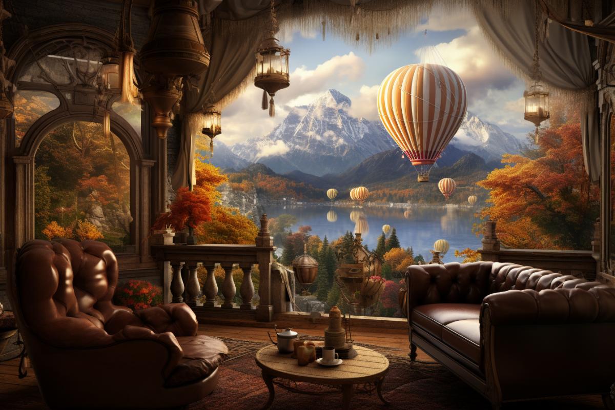 a living room with mountain views overlooking lake and hot air balloon , in the style of fantasy art, uhd image, medieval, lively interiors, urban fairy tale, lively tavern scenes, dark white and amber