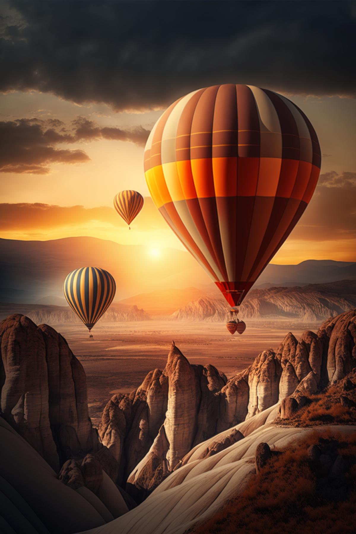 hot air balloons in Cappadocia, sunset, Shutterstock winner, naturalism, sun rays breaking through thick clouds, volumetric lighting, admiration
