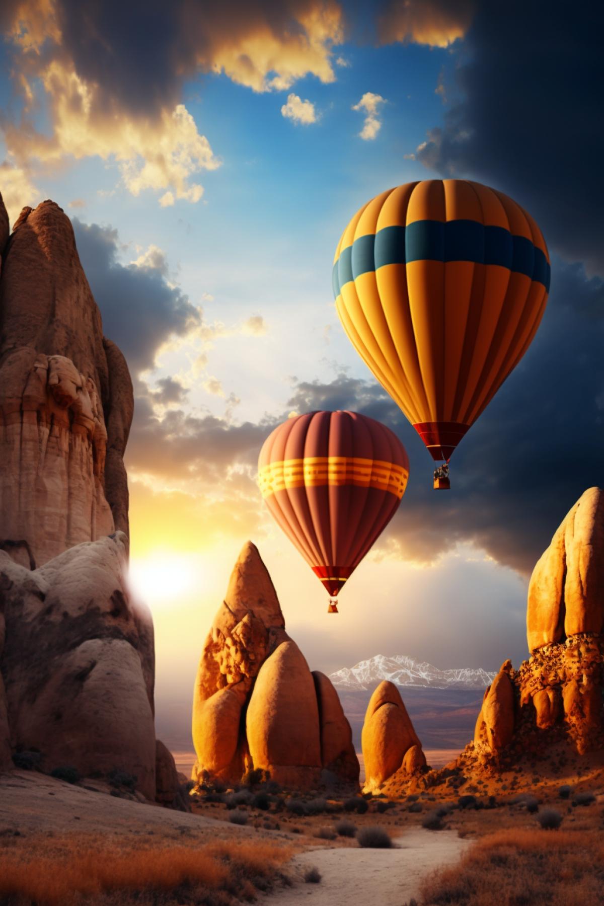 hot air balloons in Cappadocia, sunset, Shutterstock winner, naturalism, sun rays breaking through thick clouds, volumetric lighting, admiration