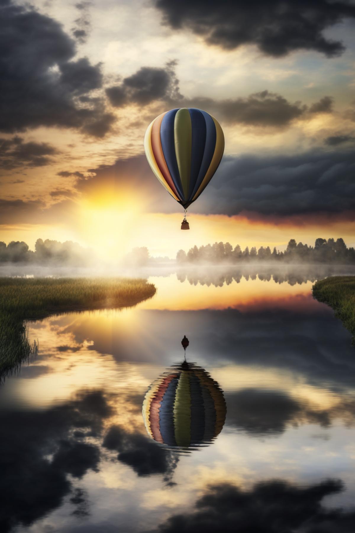 hot air balloon over Lake Pleshcheevo, dawn, Shutterstock winner, naturalism, sun rays breaking through thick clouds, volumetric lighting, admiration
