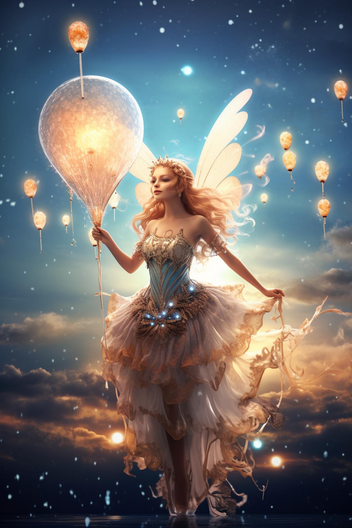 beautiful fairy with wings in a glballoon, fantasy, magic, stars, twinkle