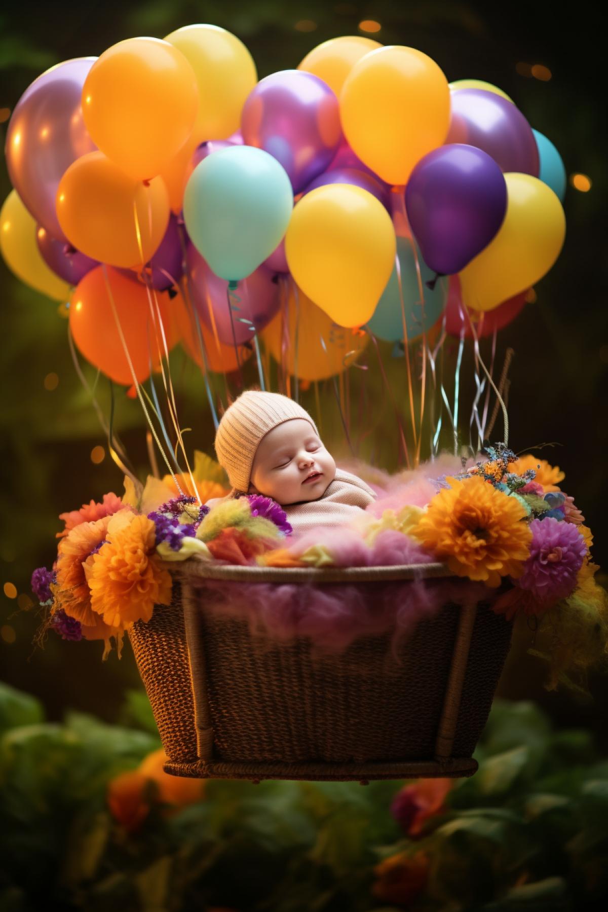 The baby sleeps in a basket that flies in balloons, colorful, fabulous, magical