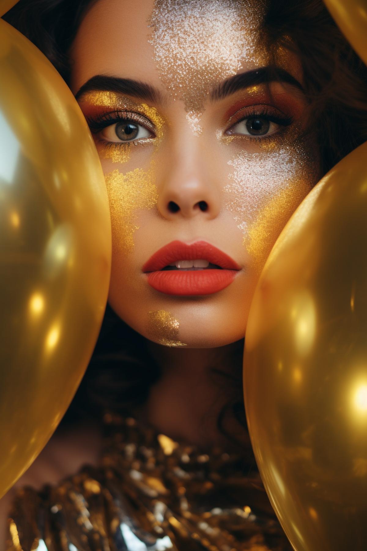 Portrait of a girl, half of whose face is covered with a transparent balloon, bright shiny makeup, glitter, sequins