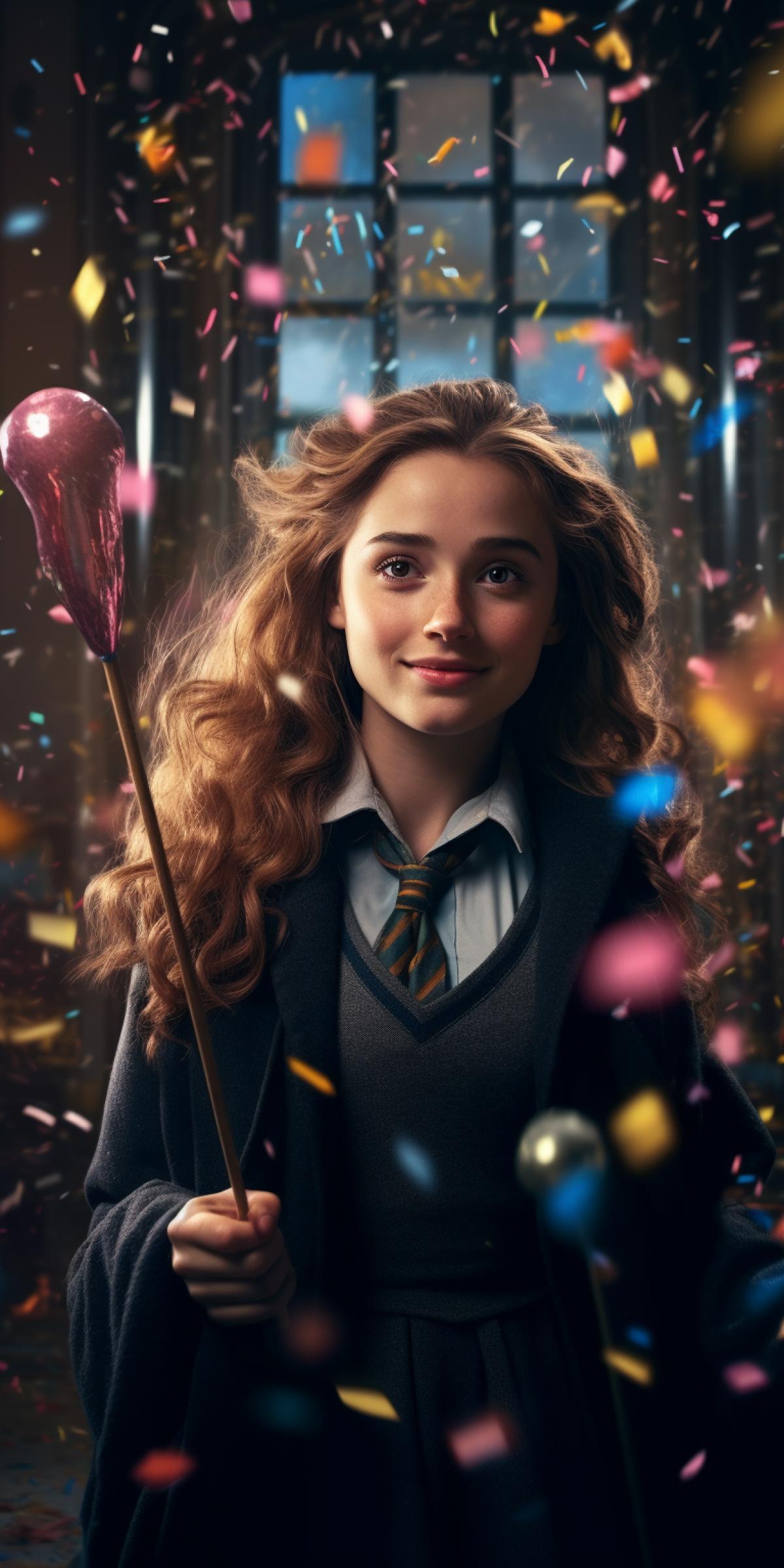 Hermione waves her magic wand, balloon spell, confetti background