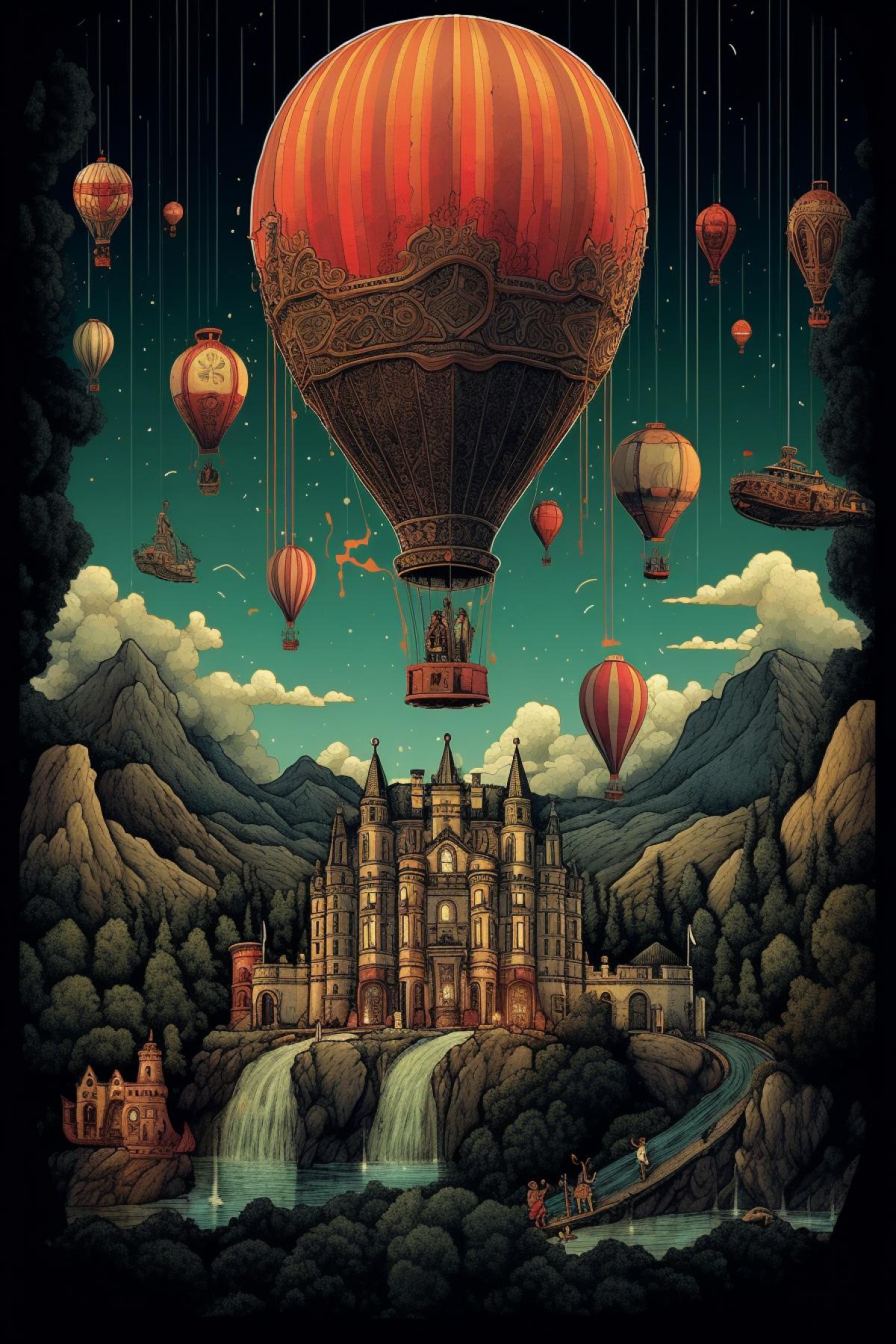 Jules Verne illustration 80 days around the world in a hot air balloon many beautiful details