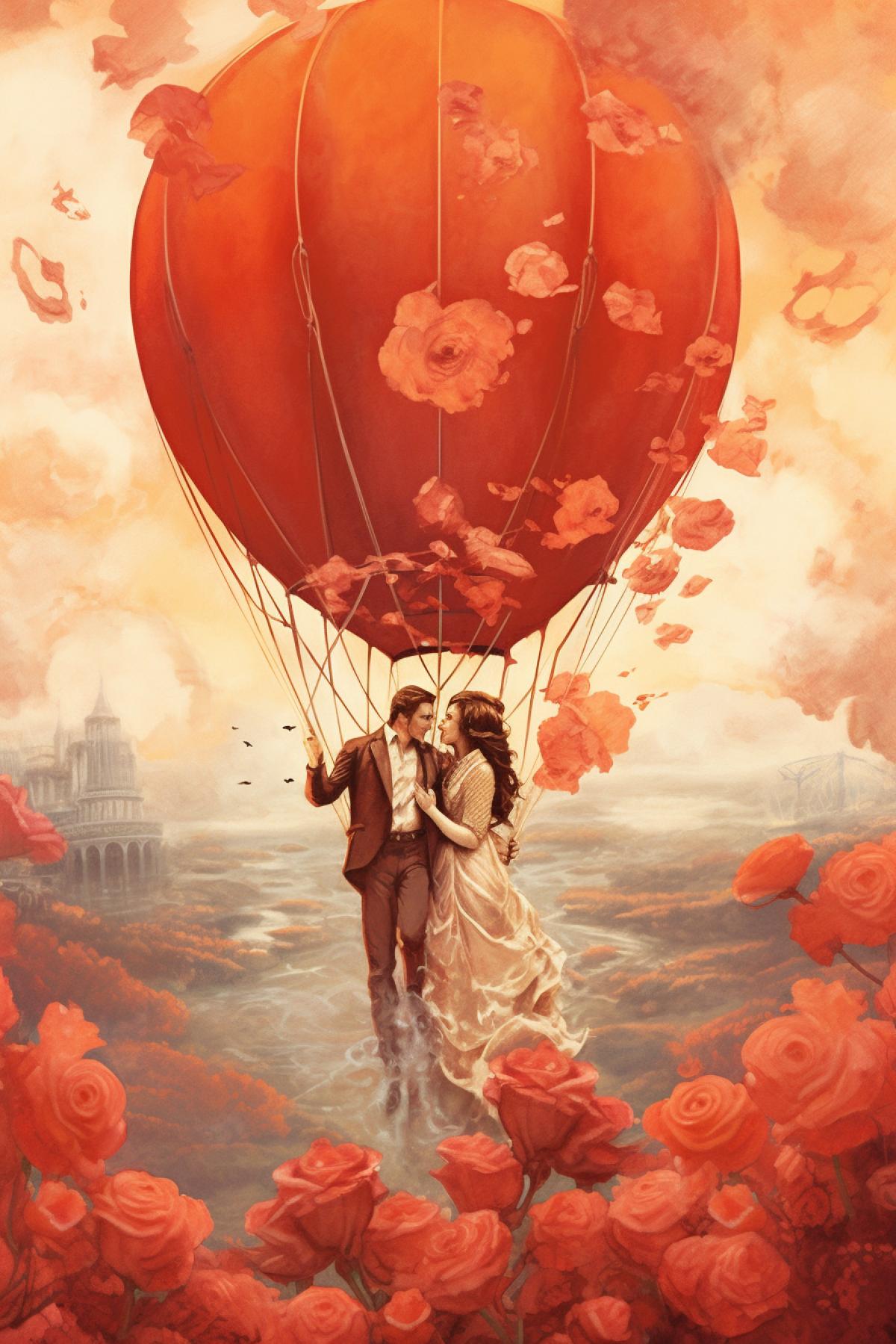 couple in love in hot air balloon romance flowers