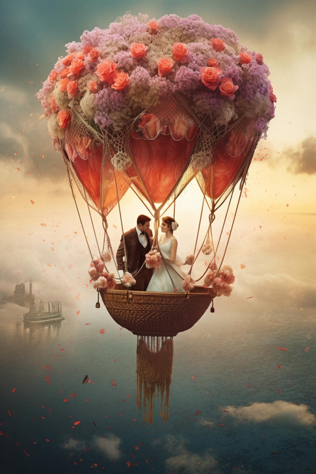 couple in love in hot air balloon romance flowers
