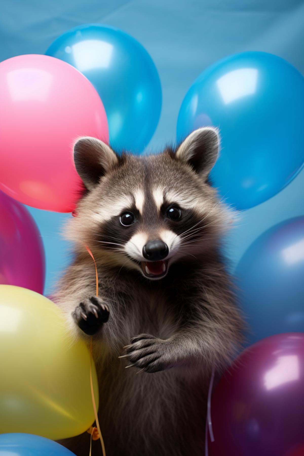 Funny raccoon holds colored balloons in its paws, cute, colorful, positive