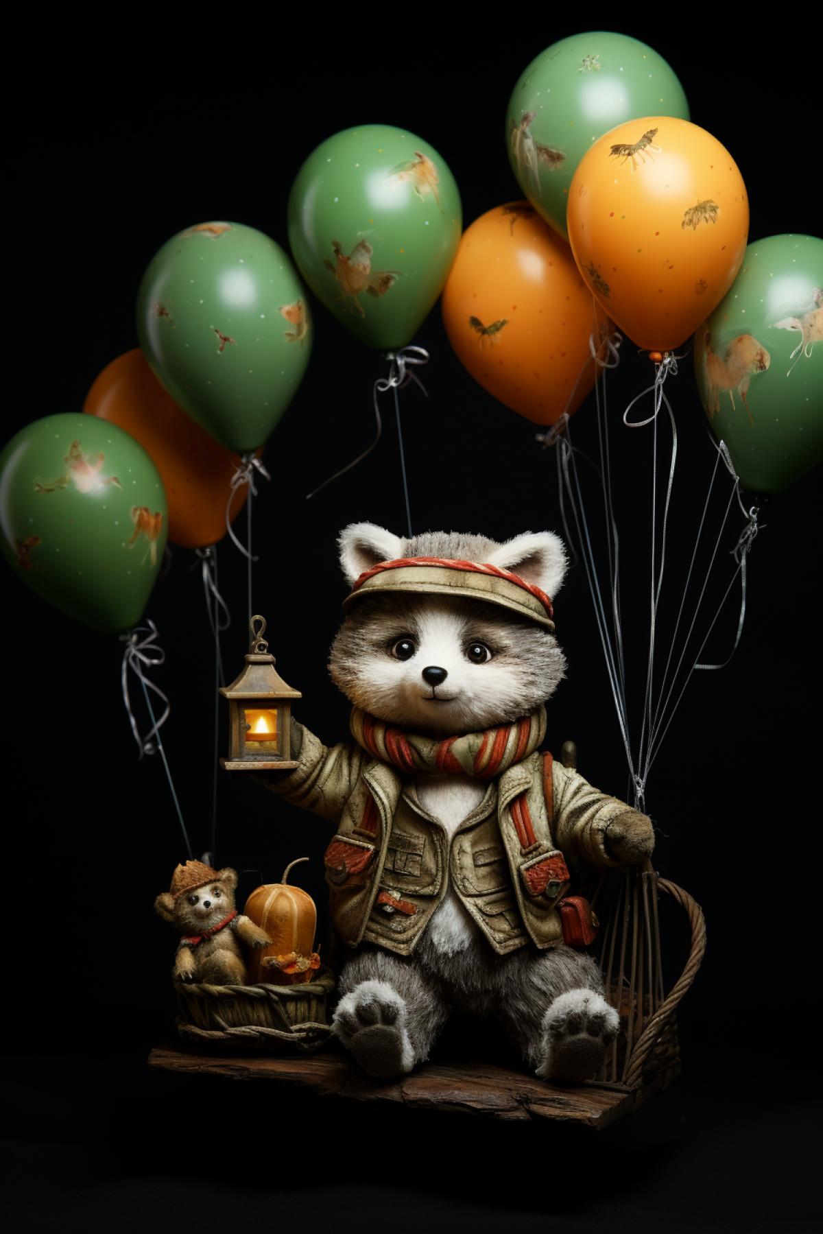 A fisherman cat flies in a balloon. A caught fish is tied to the balloon basket. Below, under the balloon basket, cute owlets sit on the trees. Art photography.