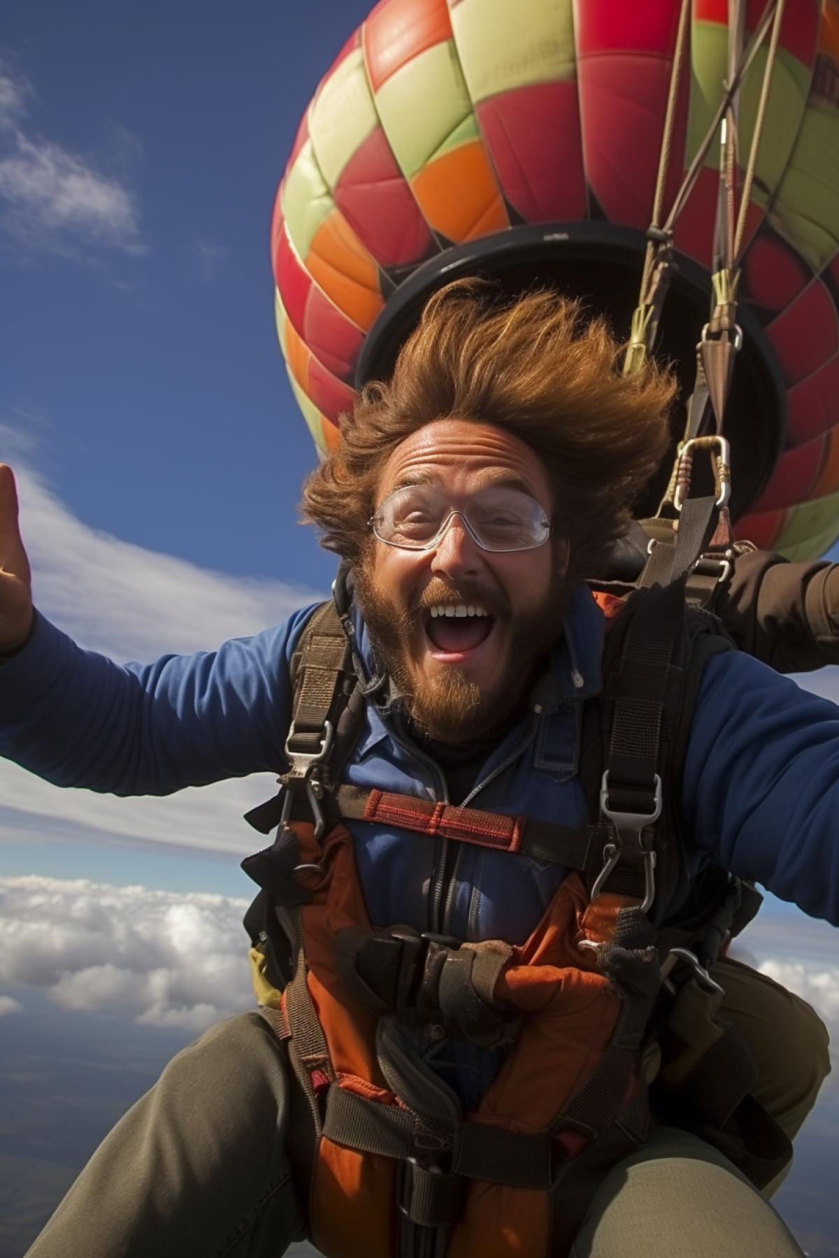 Parachutist takes a selfie falling from a balloon basket. One parachutist laughs heartily, the second parachutist is utterly horrified and screams in fear. The background is sky, clouds, rainbow. Very beautiful photo. Colors are not naturally vibrant.