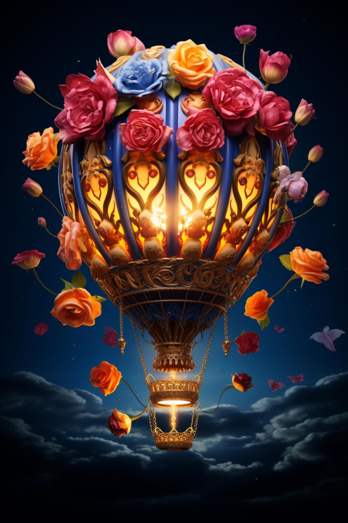 Hot air balloon baroque sacred geometry flowers flies through the sky