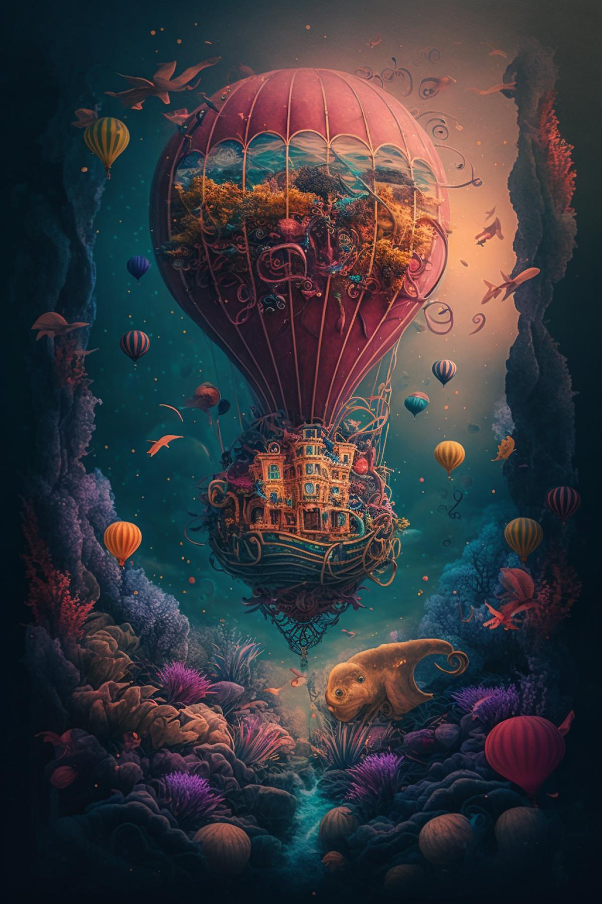 Hot air balloon in the underwater fantasy world