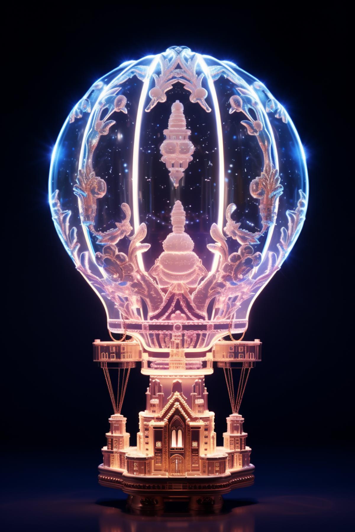 Crystal hot air balloon in the night sky neon illuminated rococo