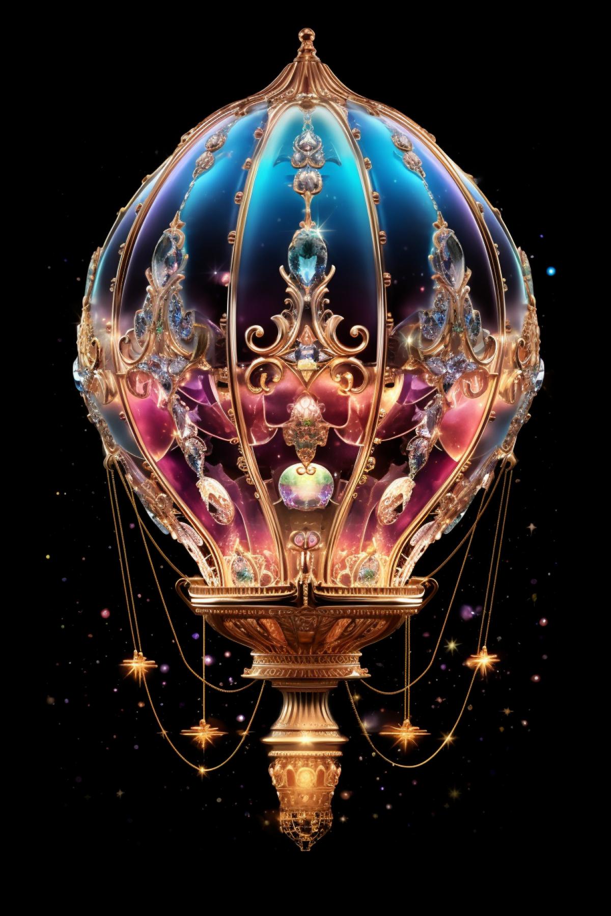 Crystal hot air balloon in the night sky neon illuminated rococo