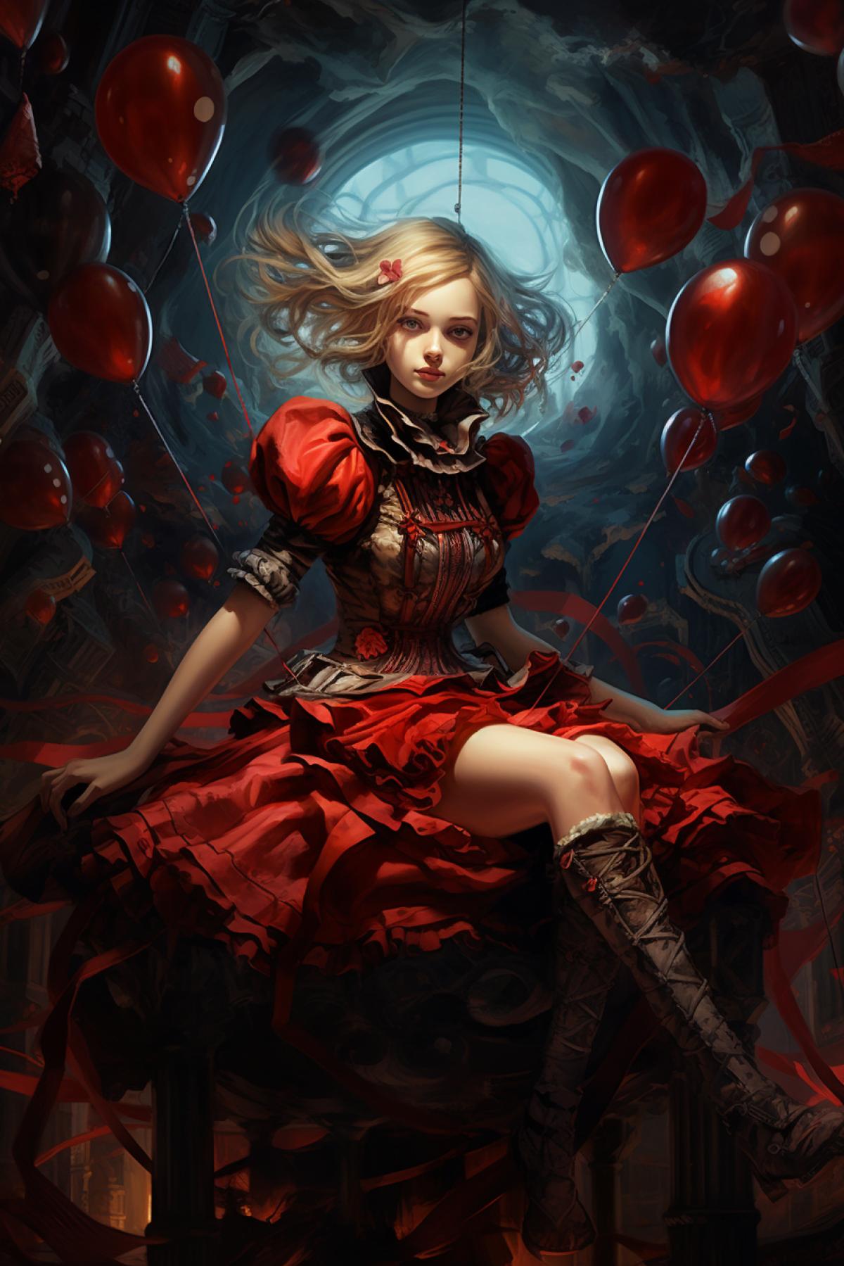 alice, i live in a book, many balloons, is on fire, in the style of intricate and bizarre illustrations, dynamic and action-packed scenes, extremely detailed art, dark red and light blue, dieselpunk, richly detailed genre paintings, rtx on