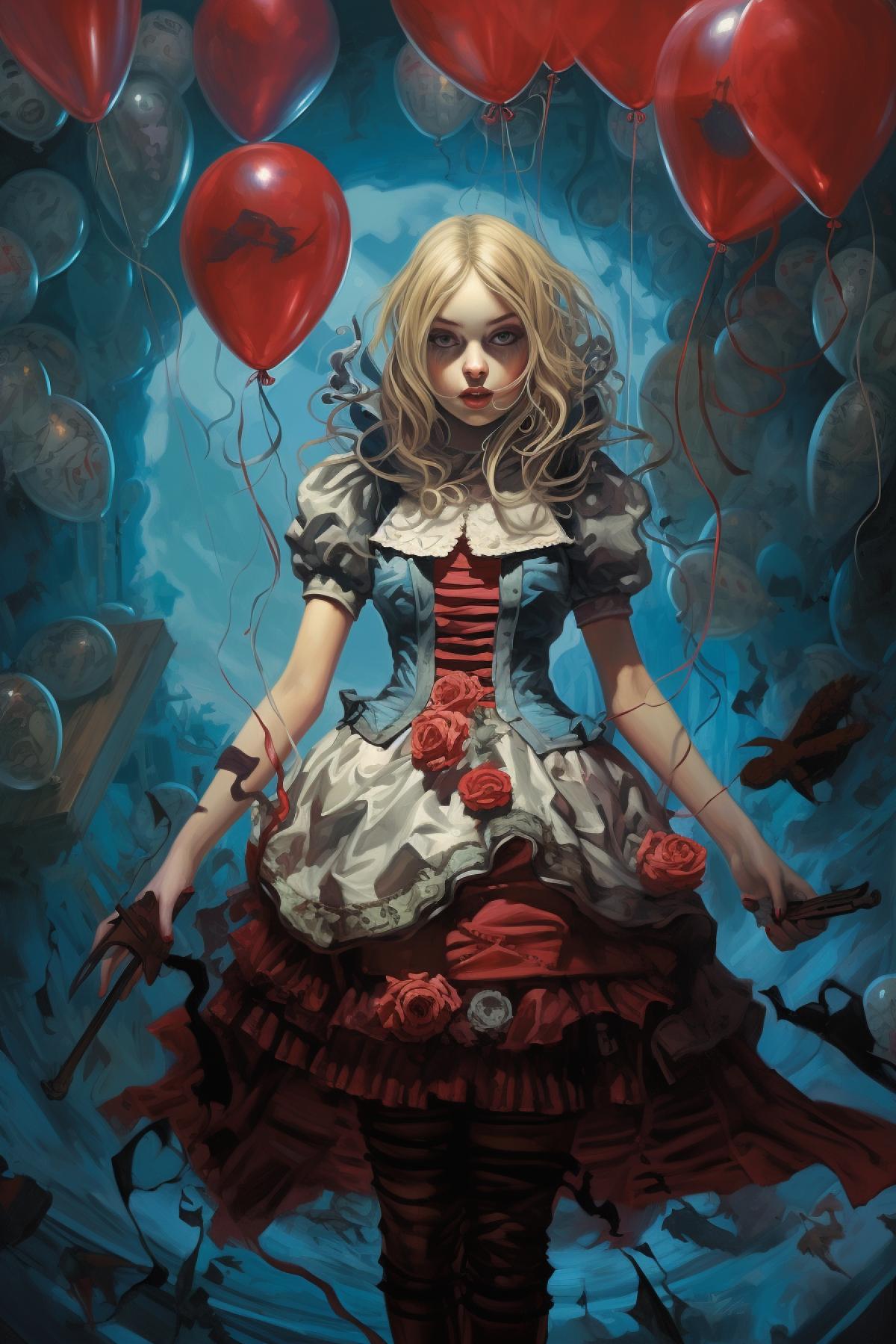 alice, i live in a book, many balloons, is on fire, in the style of intricate and bizarre illustrations, dynamic and action-packed scenes, extremely detailed art, dark red and light blue, dieselpunk, richly detailed genre paintings, rtx on