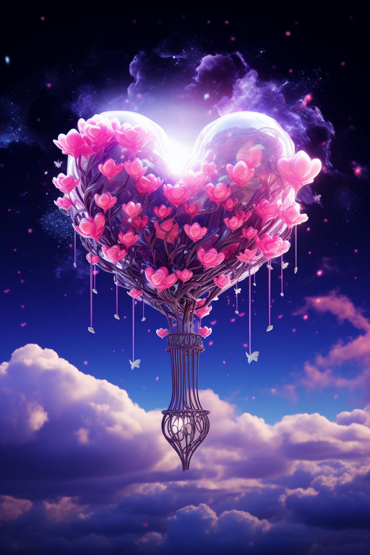 Crystal heart balloon in the night sky clouds stars neon lights rococo romance flowers