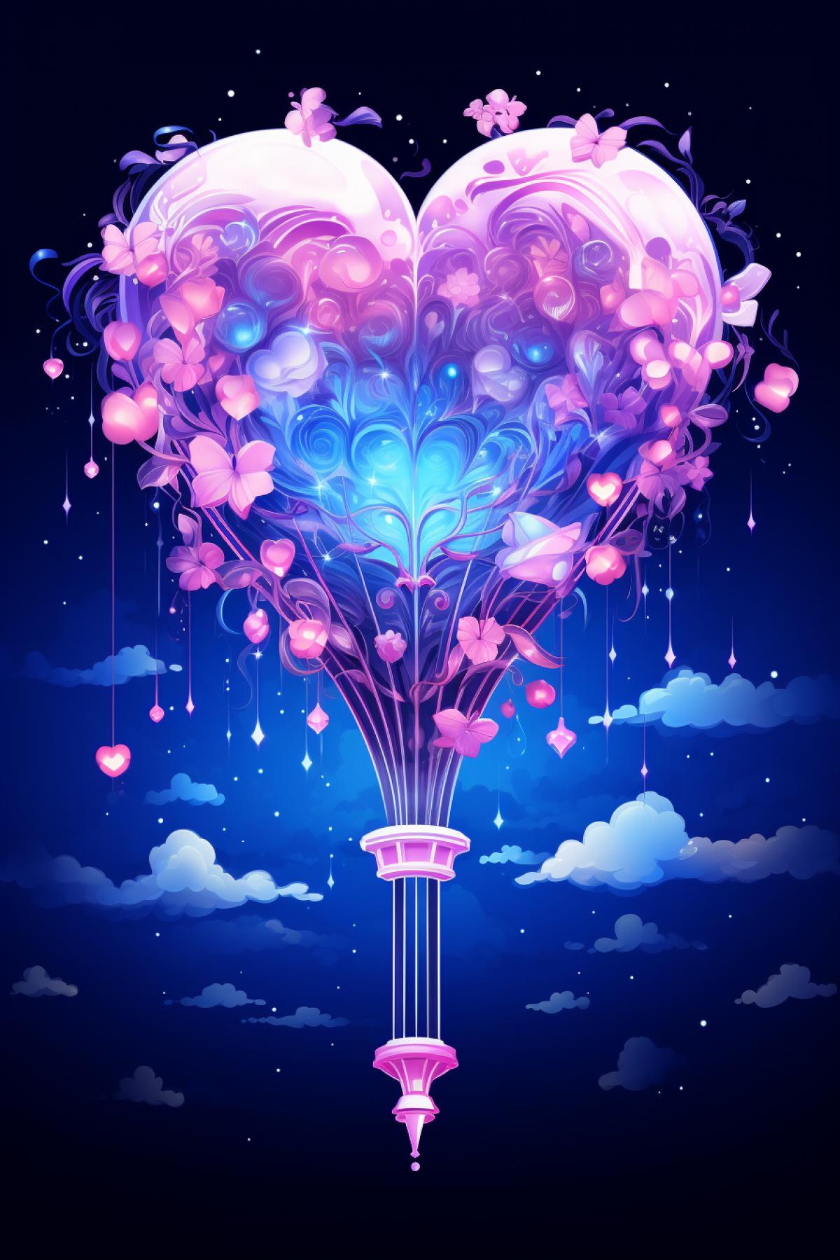 Crystal heart balloon in the night sky clouds stars neon lights rococo romance flowers