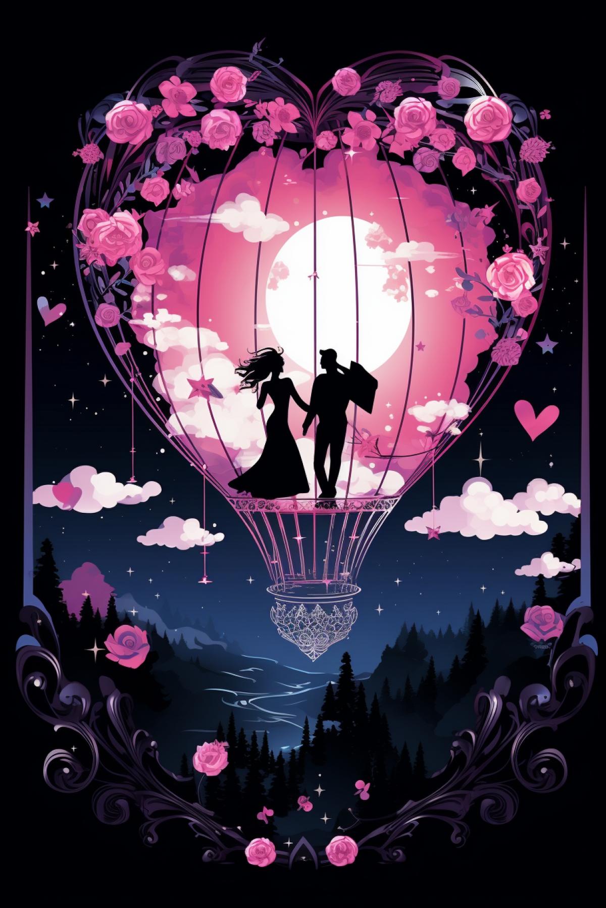 Couple in love in hot air balloon date crystal heart balloon in the night sky clouds stars neon lights rococo romance flowers