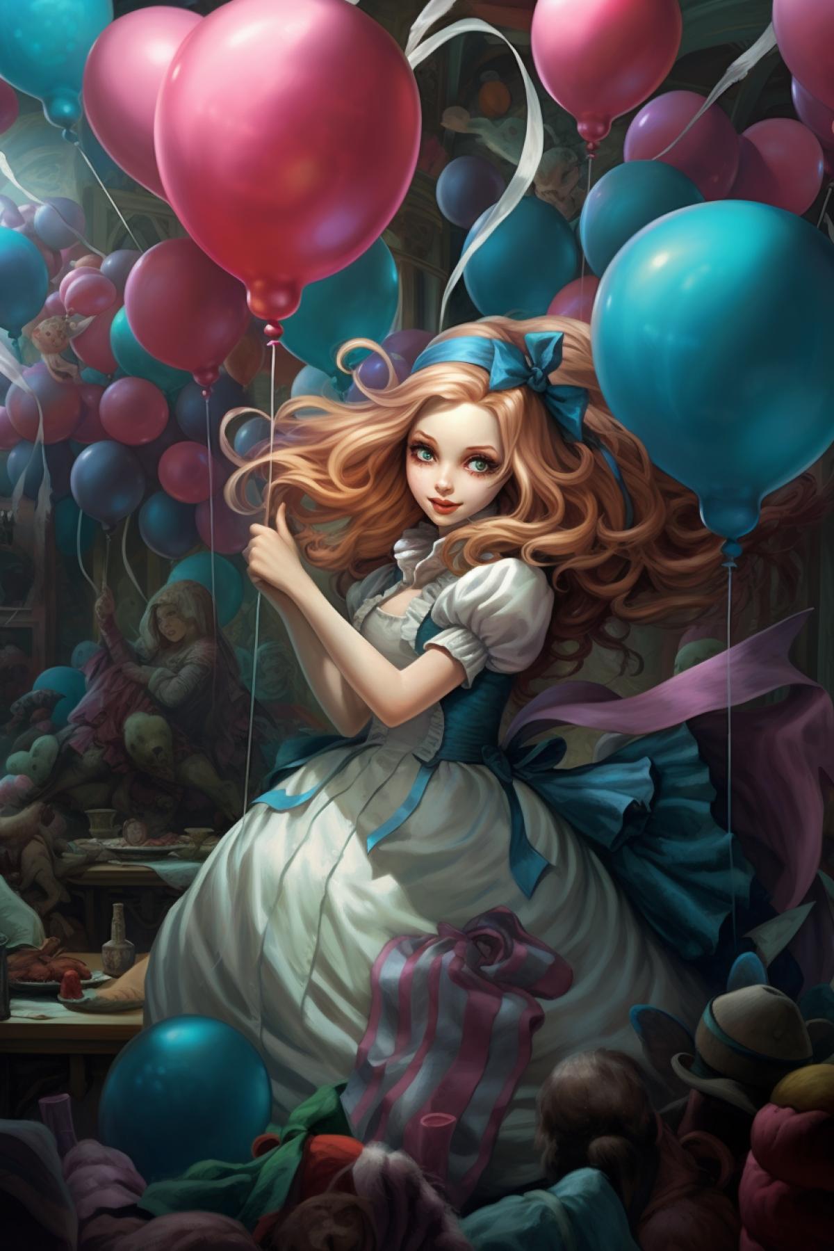 alice in wonderland tea party in hd, many balloons, in the style of jason edmiston, moody tonalism, artgerm, characterized animals, hyperbolic expression, pinturicchio, fantastical street