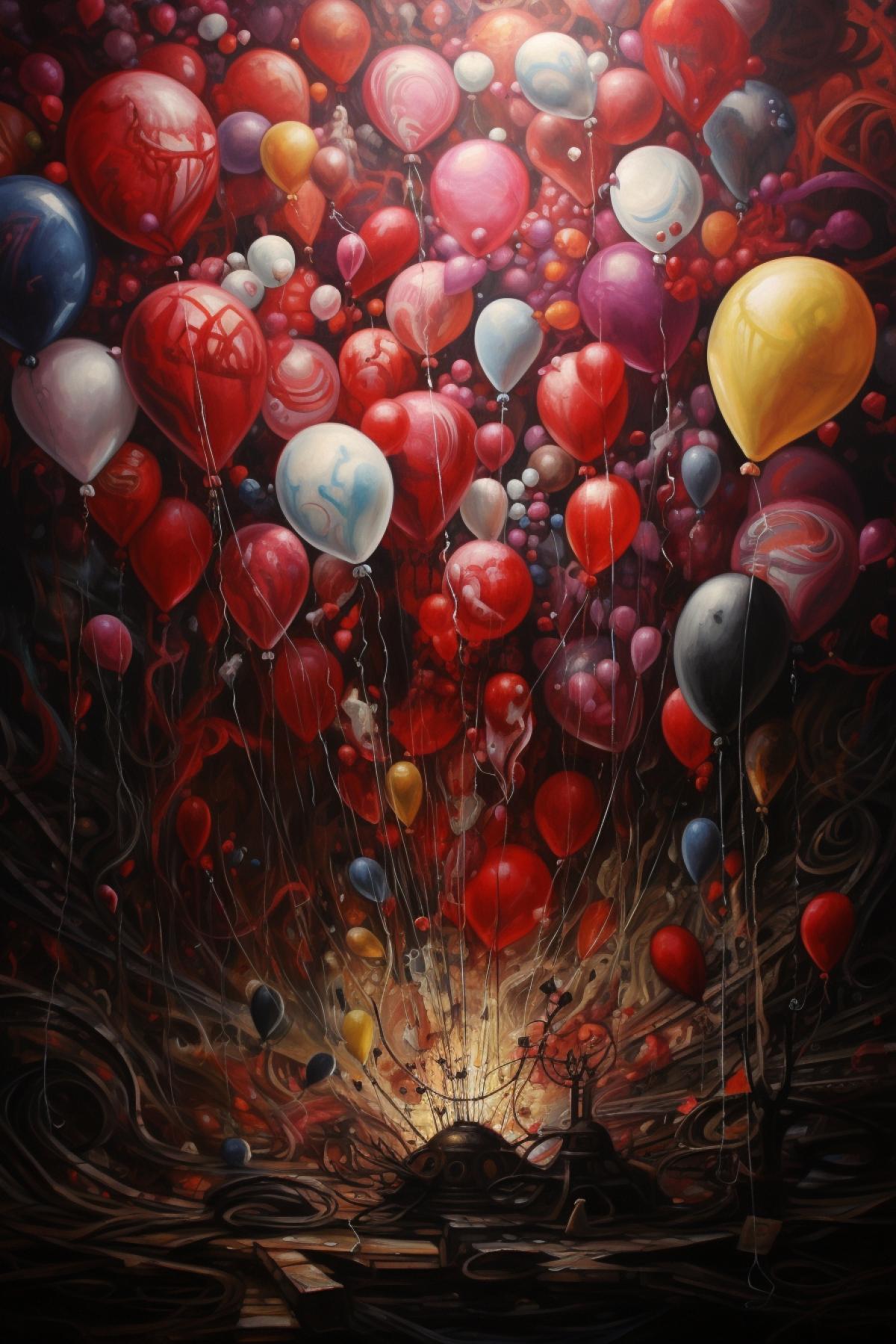 alice in wonderland by person, many balloons, in the style of hyperrealistic com4ks, colorful chaos, dark crimson and light beige, comic art, pigeoncore, mechanical realism, birds-eye-view