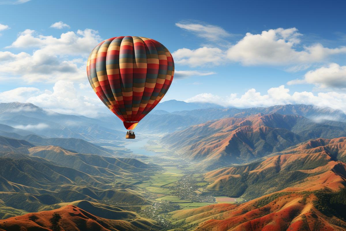 Flight on a fabulous multi-colored hot air balloon, birds-eye view, a fairy-tale land below, a wide expanse