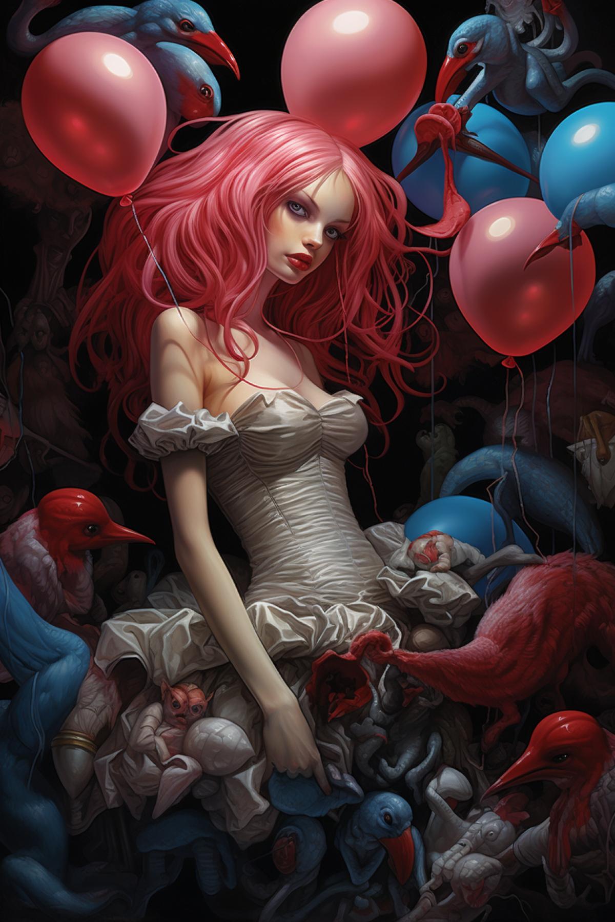 alice in wonderland surrounded by a flamingo many balloons, with cards on them, in the style of mechanical realism, 3d, adi granov, pieter aertsen, dark red and sky-blue, eiichiro oda, exaggerated anatomy
