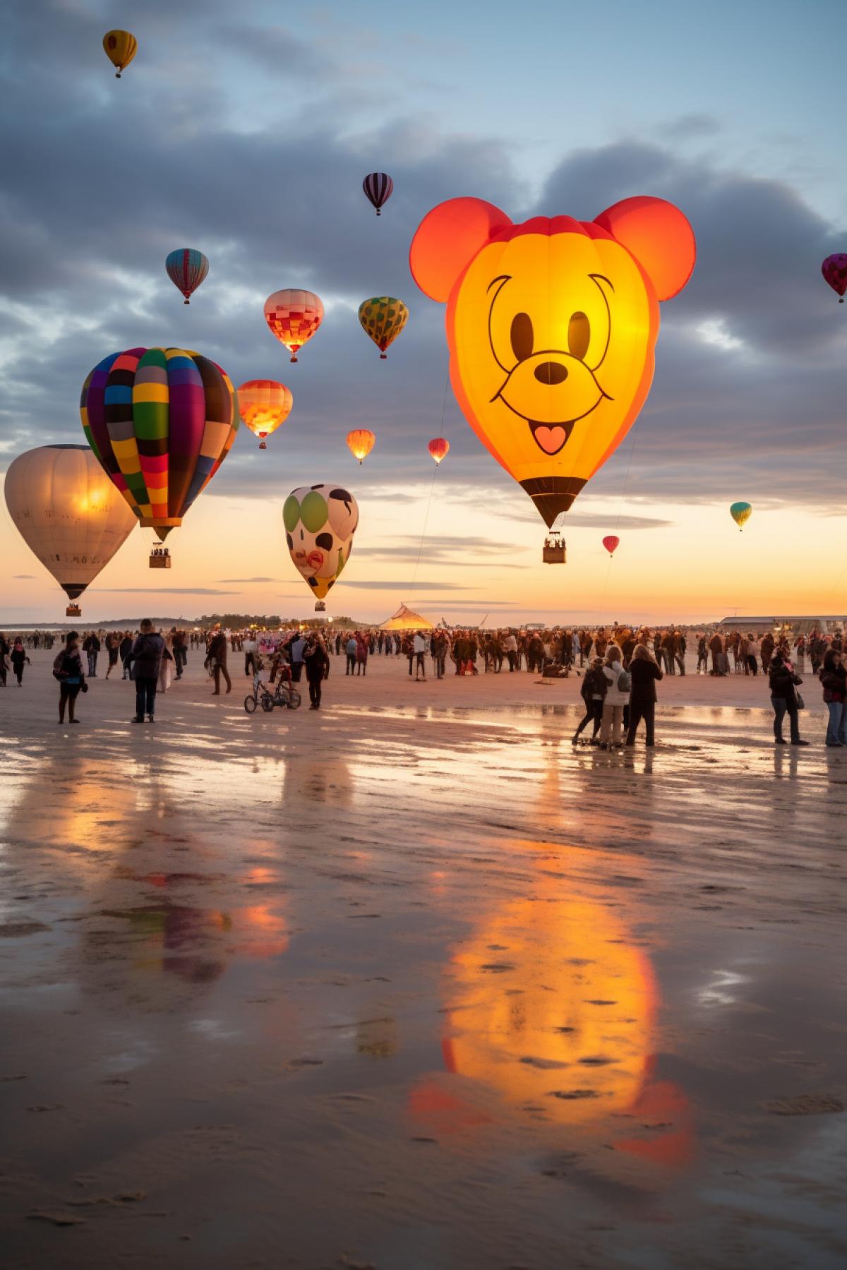 Foreground: Balloons in the shape of Disney characters fly, illuminated from the inside by the rays of the sunset, over the line of a sandy beach. In the background: the lower half is divided into the ocean, sandy beach and mountains, the upper half is the evening sky with cirrus clouds, illuminated from below by the sun setting in the sea. full quality, National Geographic style photo, maximum details