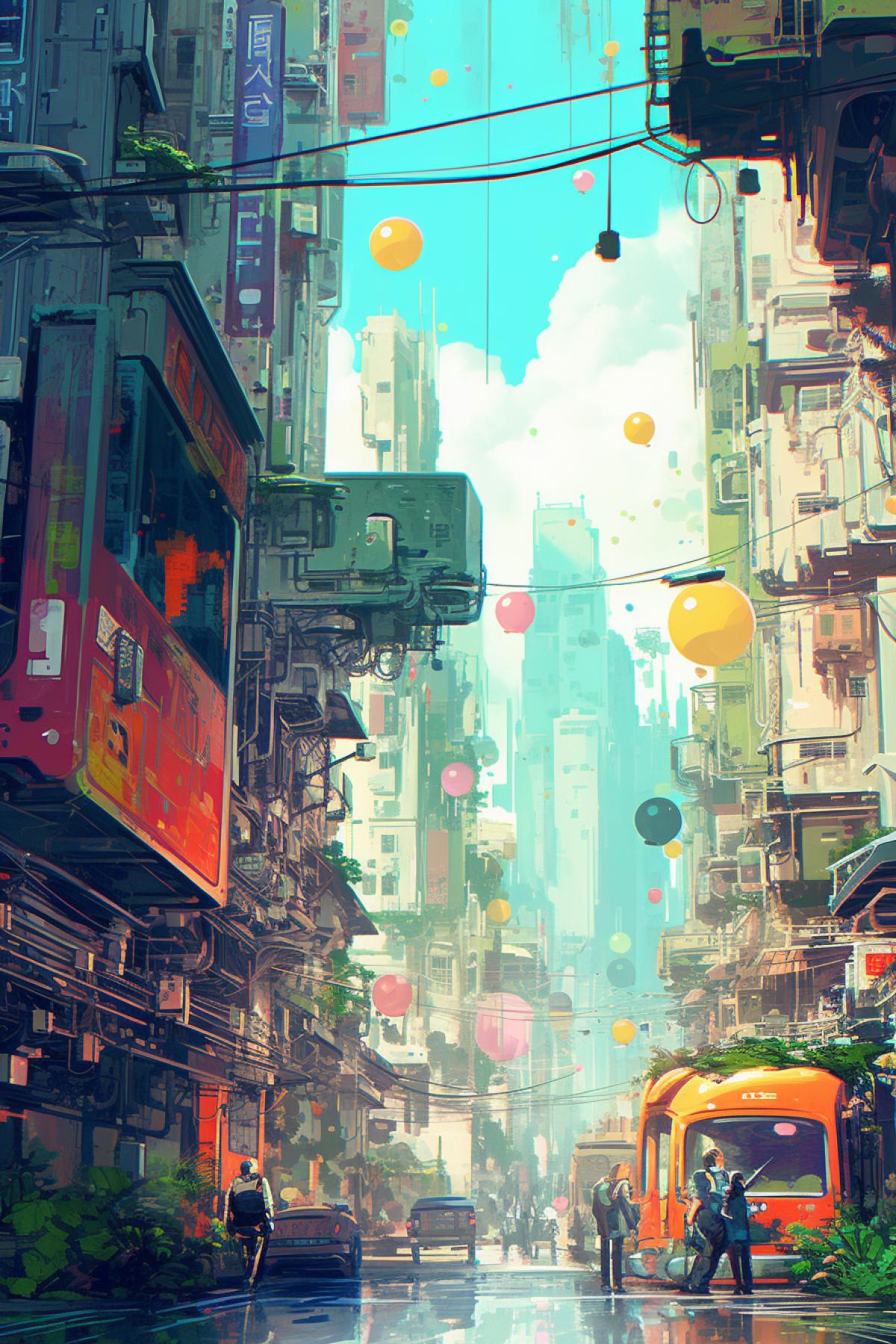 magic balloons flying over the city square against the backdrop of the rising sun. The drawing style should be modern and vibrant, using contrasting colors and geometric shapes to convey the energy and vibrancy of balloons and the bustle of the city.