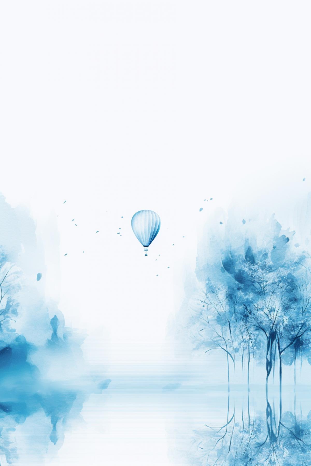 hot air balloons hovering over the river in the middle of winter. The style is impressionistic, using blurry brushes and a cold blue palette to convey the fragility and coldness of balloons in a winter setting.