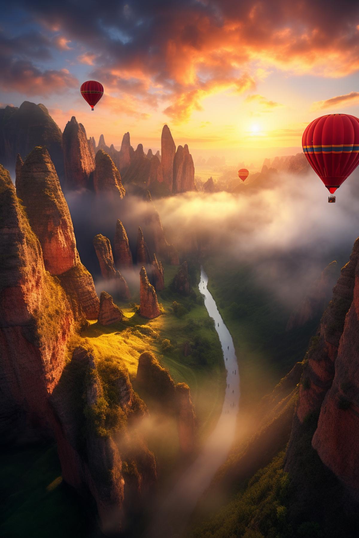 magic balloons floating over the mountains in the golden twilight sky. The style is realistic, using sharp lines and rich golden hues.