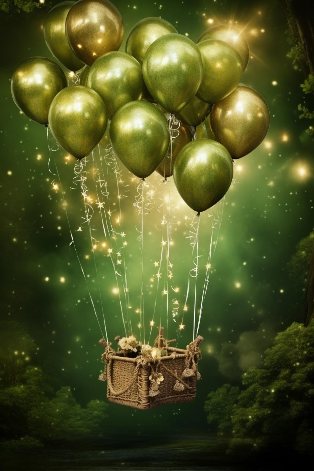 magic balloons hovering over the mysterious forest. The drawing style is mystical and fabulous, dark shades and contrasting lighting effects, the atmosphere of magic