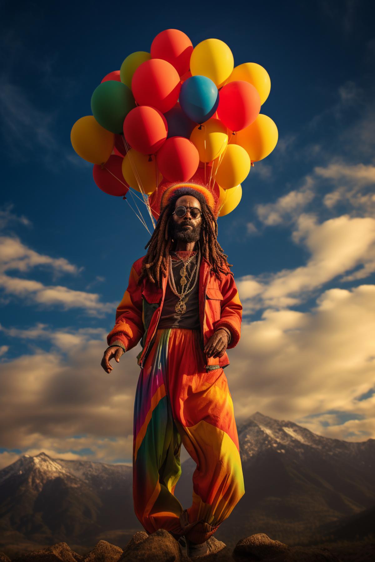 Rastafarians in national clothes,inflate and launch colorful balloons, beautiful landscape the best quality realistic professional photography