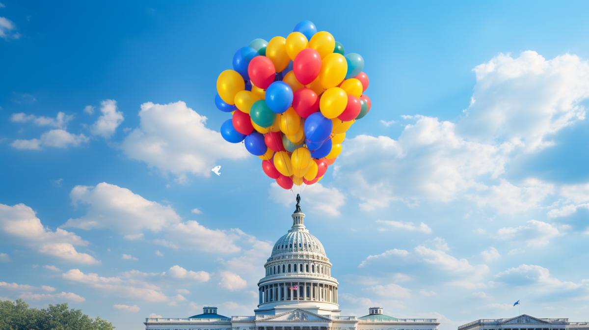Russia gives Ukraine colorful balloons above Washington volumetrics, trending on artstation