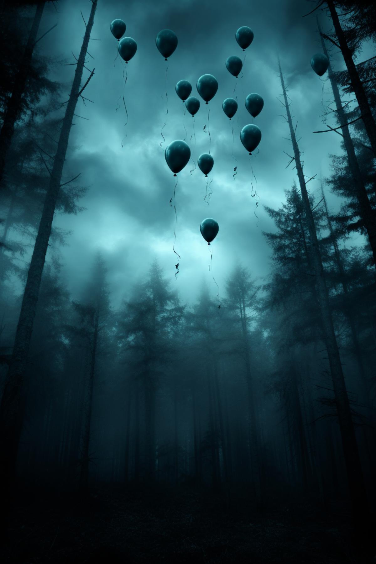 magic balloons hovering over the mysterious forest. The drawing style is mystical and fabulous, dark shades and contrasting lighting effects, the atmosphere of magic