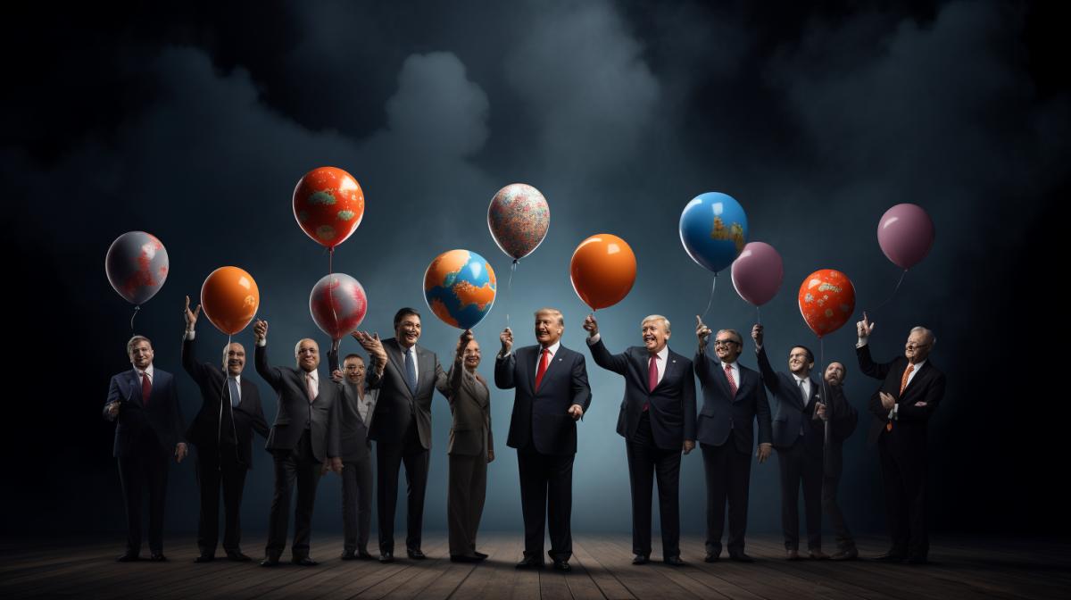 Presidents of all countries at the forum for peace,holding balloons in their hands, group photo, professional photographer, best quality
