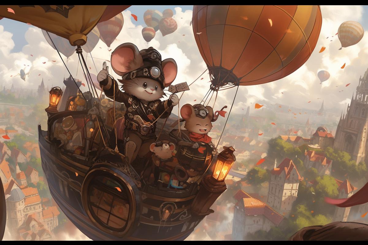 cartoon anthropomorphic mice in Pixar style, in steampunk costumes, traveling in a steampunk style balloon, taking a birds-eye view of a cozy fairy-tale town, over which fly over
