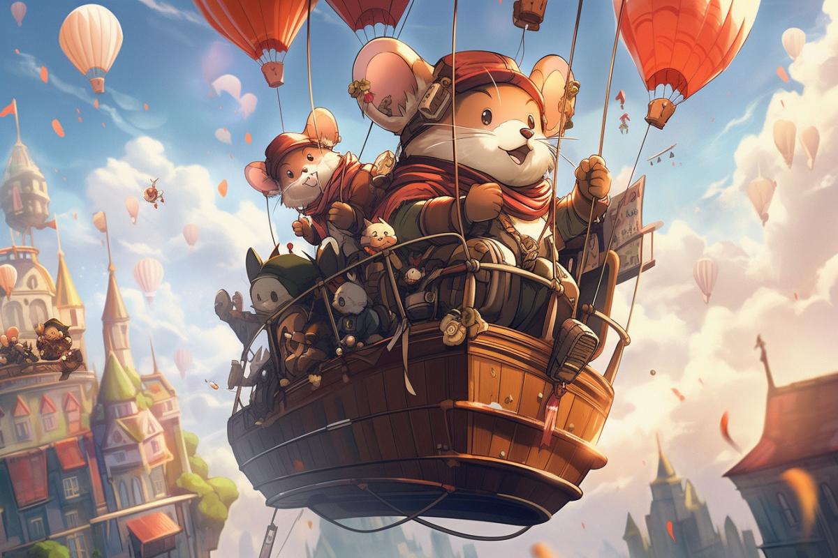 cartoon anthropomorphic mice in Pixar style, in steampunk costumes, traveling in a steampunk style balloon, taking a birds-eye view of a cozy fairy-tale town, over which fly over