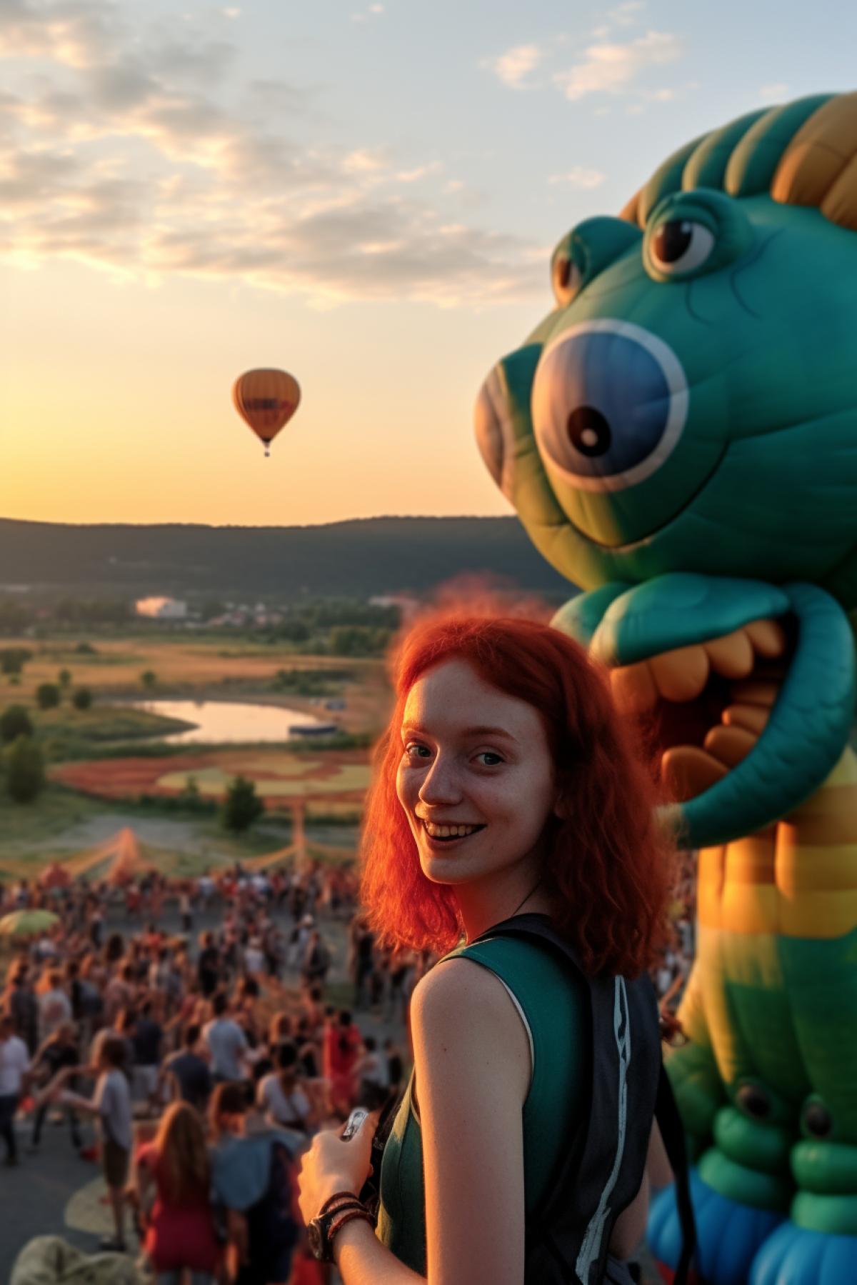 In the foreground in the right half in profile, a blue-eyed red-haired curly girl with freckles on her nose smiles and looks at huge balloons in the shape of Cheburashka and Gena the crocodile flying against the backdrop of the sun setting behind the mountains on the horizon. In the background, in the sky, the moon and cirrus clouds, illuminated by the setting sun. photograph in the style of the magazine National Geography, maximum details.