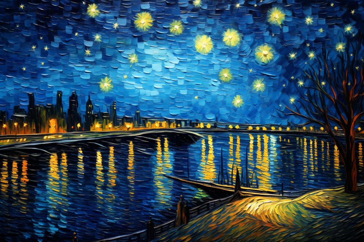 Starry night on the Rhone in the style of Van Gogh