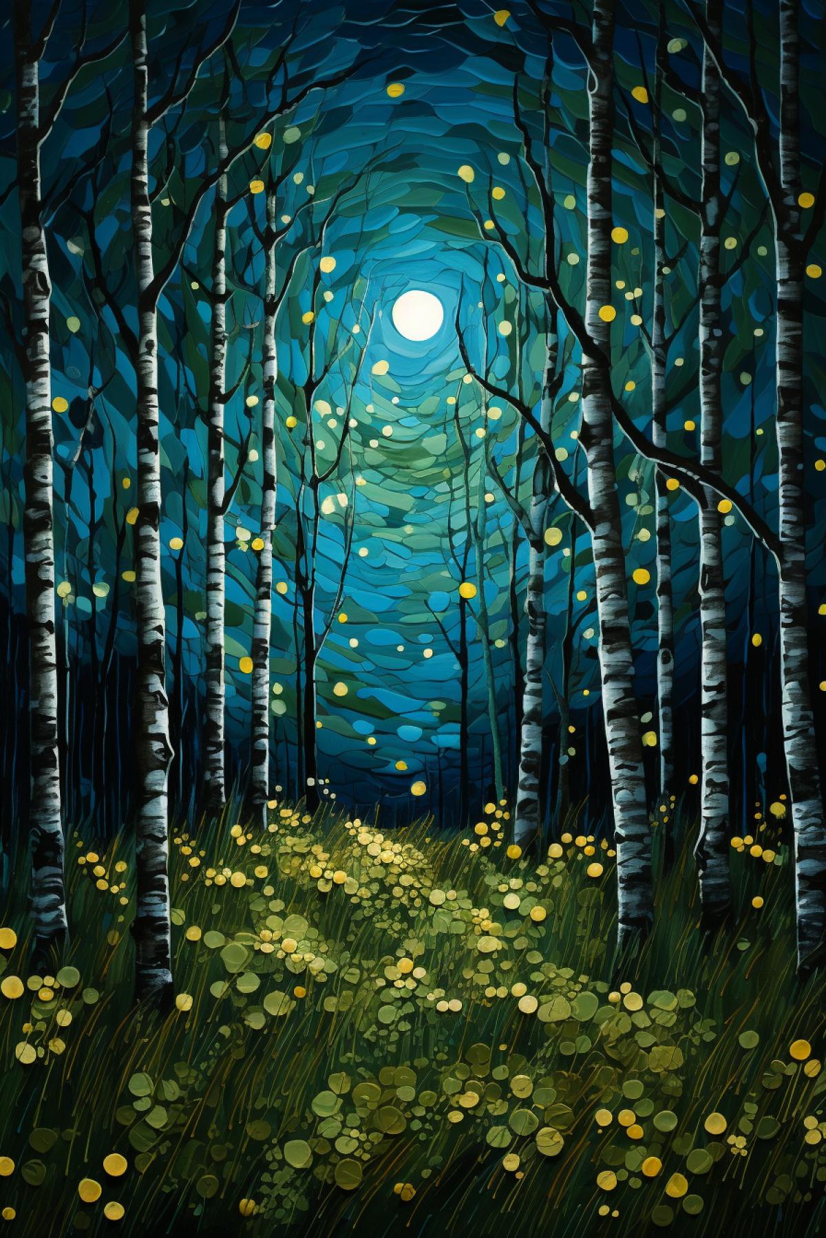 Night in a birch grove in the style of Van Gogh