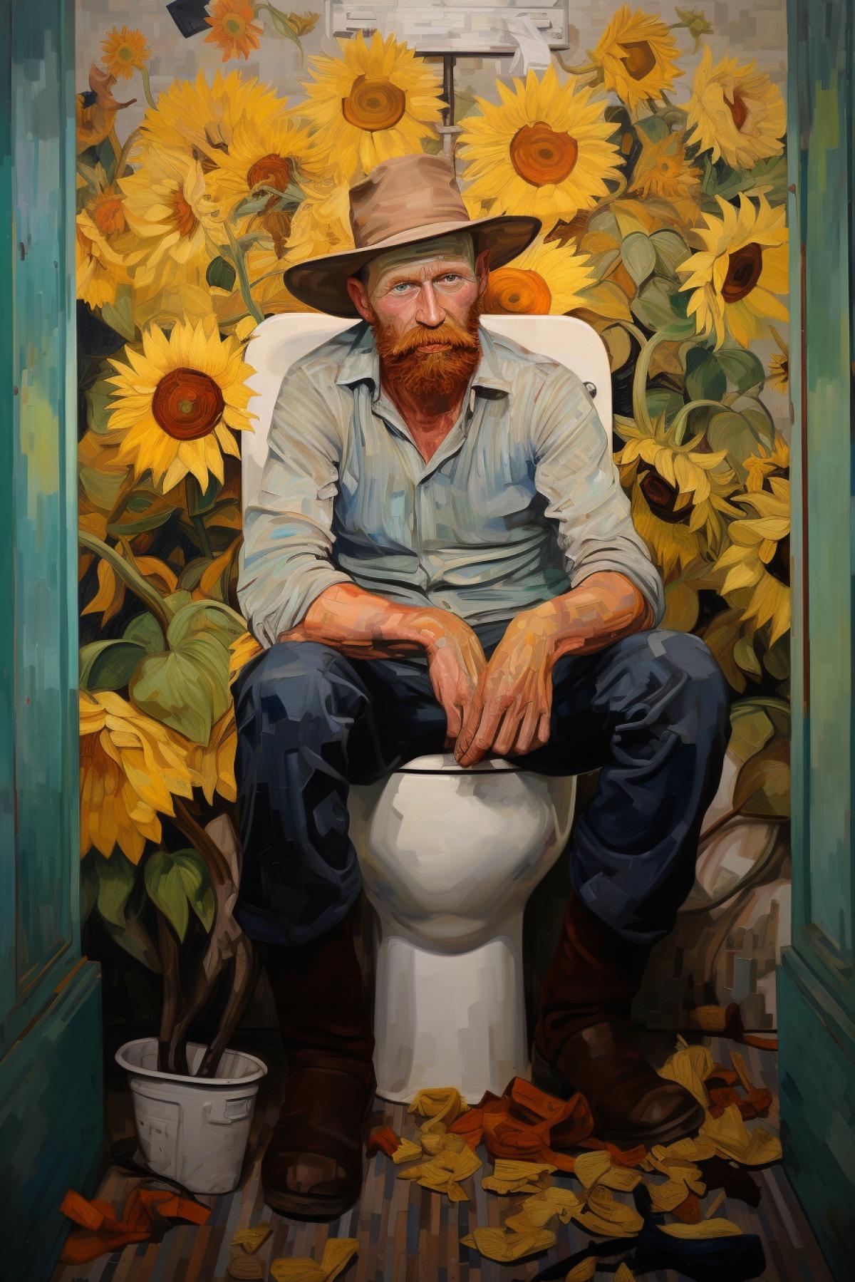 Vincent Van Gogh sitting on toilet surrounded by sunflowers, made by Van Gogh, post-Impressionism