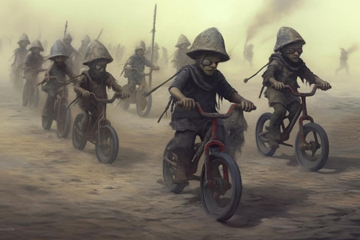 Several children race childrens bikes in mad max style, dust, wasteland