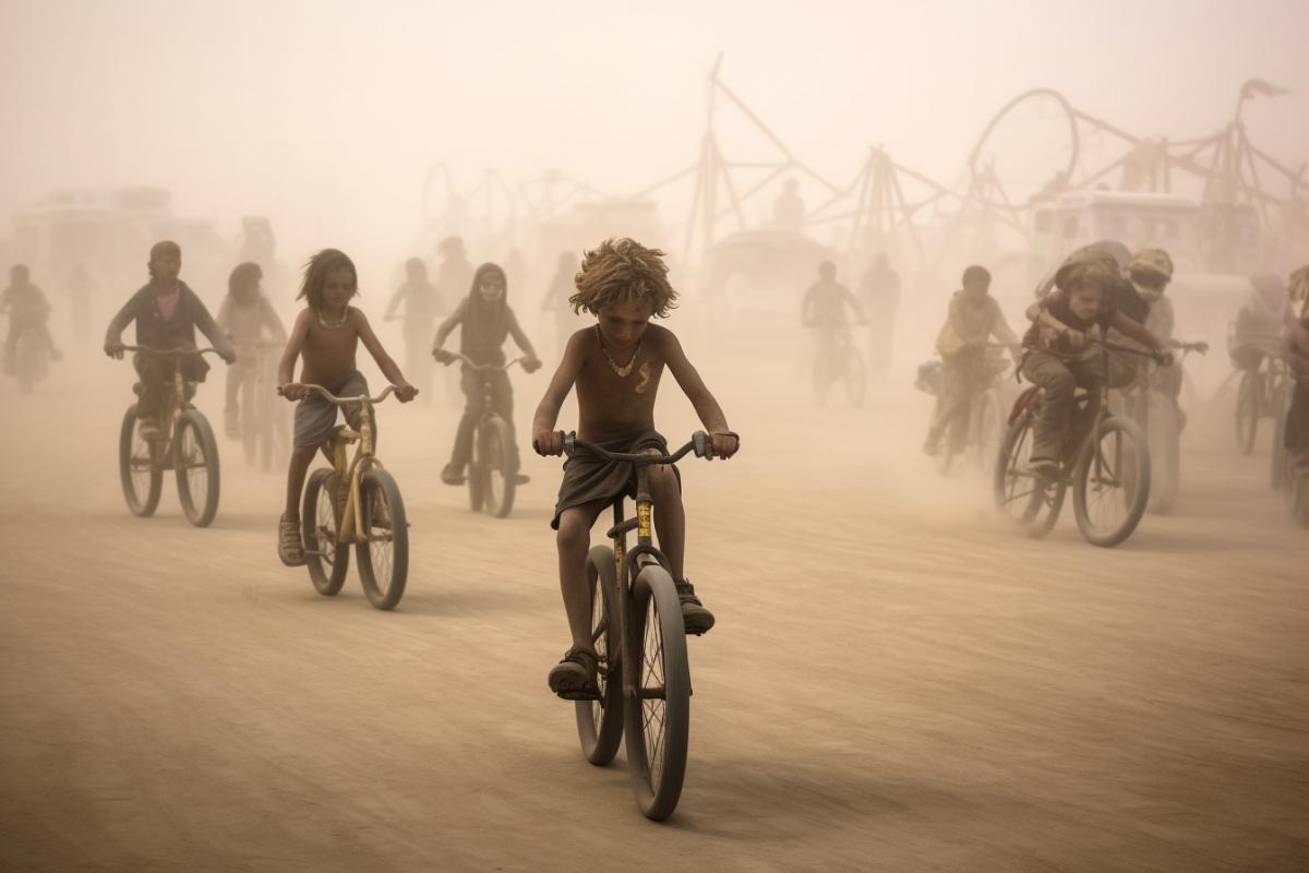 Several children race childrens bikes in mad max style, dust, wasteland