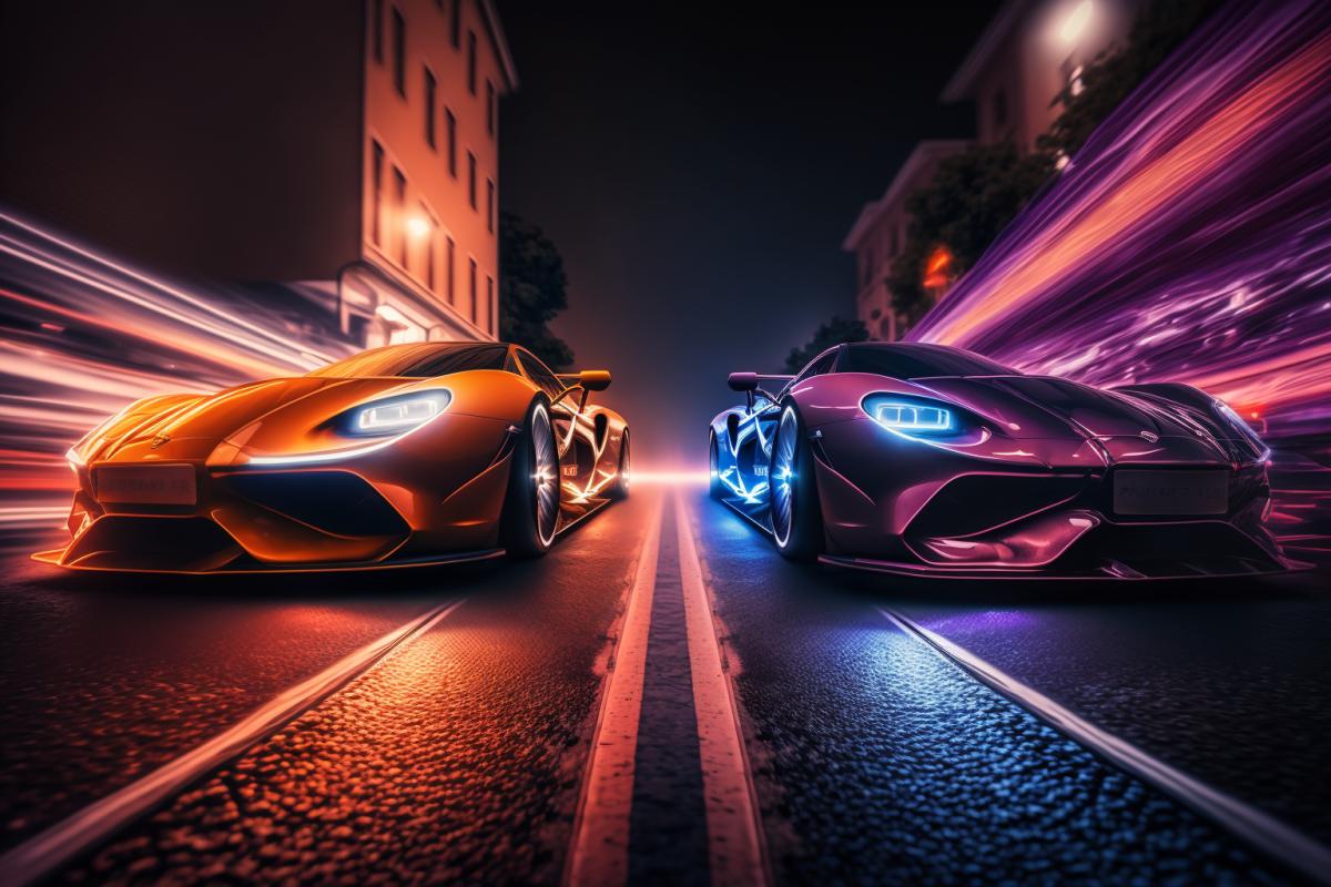 long exposure photography, street racing, brightly lit sports cars on a dark street, dynamics